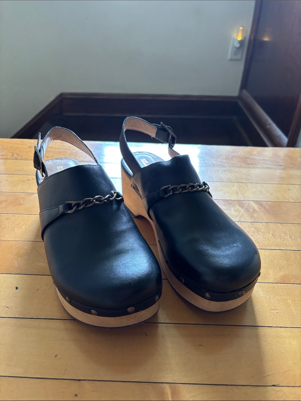 Black Leather Chain-Accent Slingback Clog Mules